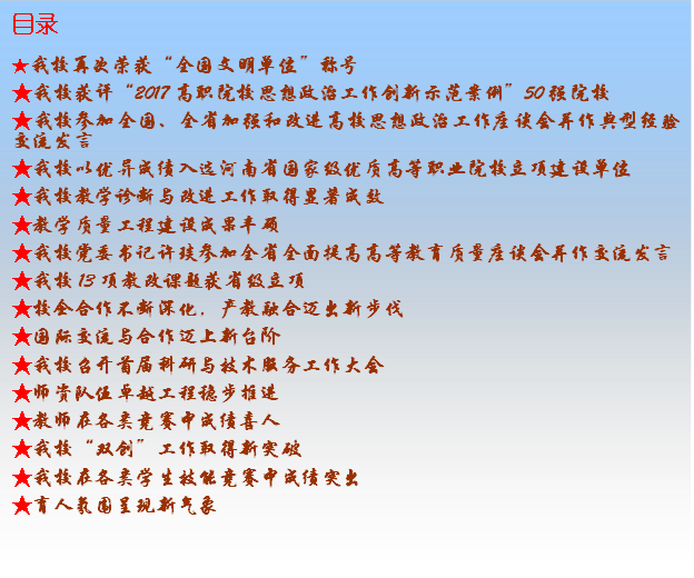 目录★bob游戏综合官网(中国)股份有限公司官网再次荣获“全国文明单位”称号★bob游戏综合官网(中国)股份有限公司官网获评“2017高职院校思想政治工作创新示范案例”50强院校★bob游戏综合官网(中国)股份有限公司官网参加全国、全省加强和改进高校思想政治工作座谈会并作典型经验交流发言★bob游戏综合官网(中国)股份有限公司官网以优异成绩入选河南省国家级优质高等职业院校立项建设单位★bob游戏综合官网(中国)股份有限公司官网教学诊断与改进工作取得显著成效★教学质量工程建设成果丰硕★bob游戏综合官网(中国)股份有限公司官网党委书记许琰参加全省全面提高高等教育质量座谈会并作交流发言★bob游戏综合官网(中国)股份有限公司官网13项教改课题获省级立项★校企合作不断深化，产教融合迈出新步伐★国际交流与合作迈上新台阶★bob游戏综合官网(中国)股份有限公司官网召开首届科研与技术服务工作大会★师资队伍卓越工程稳步推进★教师在各类竞赛中成绩喜人★bob游戏综合官网(中国)股份有限公司官网“双创”工作取得新突破★bob游戏综合官网(中国)股份有限公司官网在各类学生技能竞赛中成绩突出★育人氛围呈现新气象